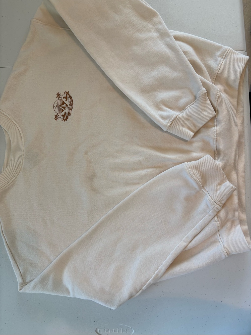 Men's Cream Crewneck Sweatshirt with Embroidered Crest